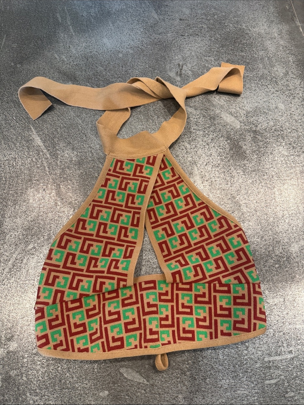 Stoned Immaculate Tan Halter Crop Top with Red and Green Geometric Motif